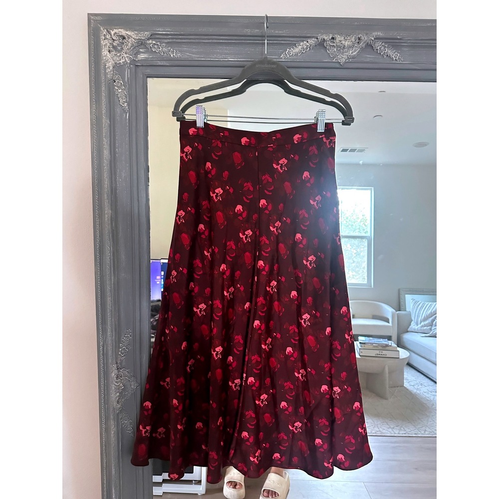 Banana Republic Rich Burgundy Pink Floral Satin Casual A-Line Midi Skirt 6